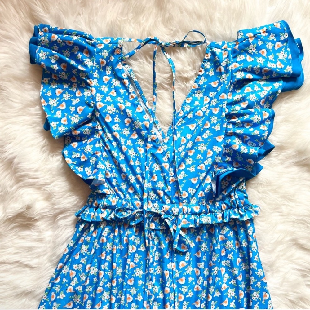 New! SENLIS Amalie Blue Floral Ruffle Midi Dress with Open Back - Picture 8 of 13